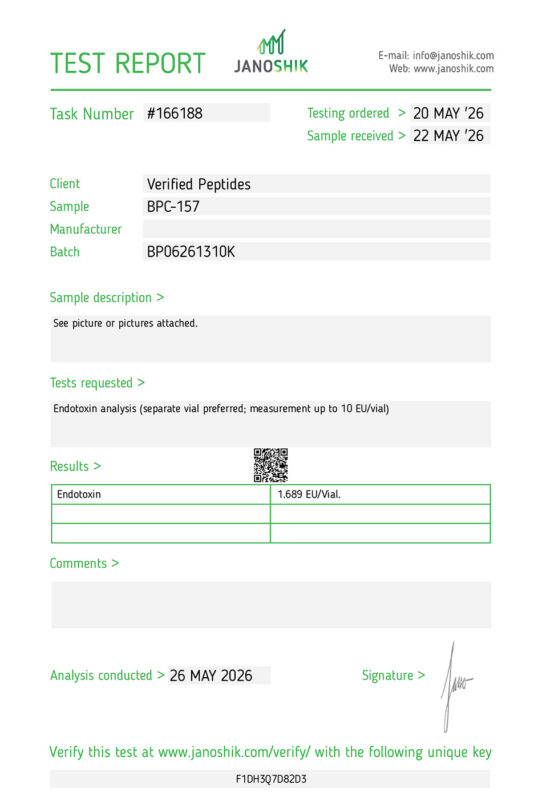 BPC-157 Peptide Endotoxin Certificate of Analysis Lab Test Report May 2026