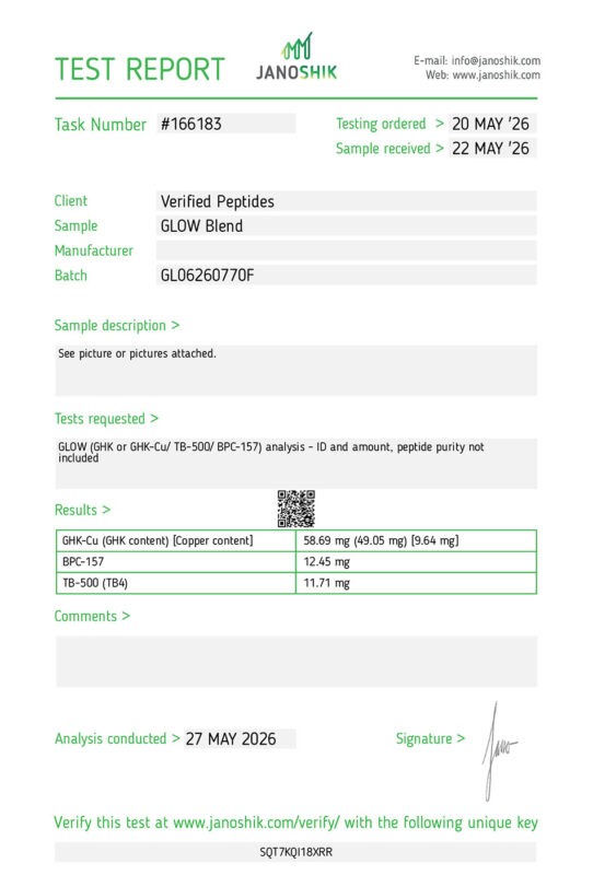 GLOW Peptide Purity Certificate of Analysis Lab Test Report May 2026