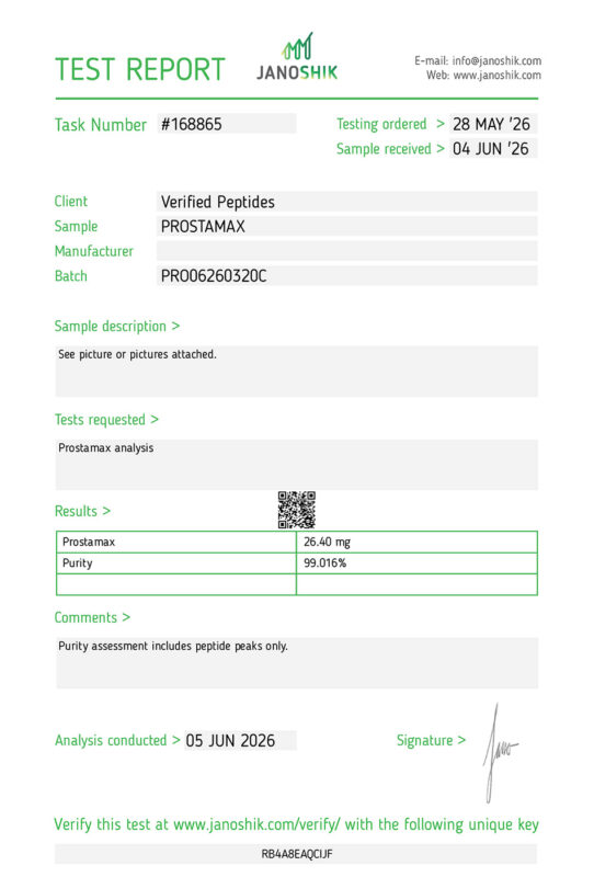 Prostamax Peptide Purity Certificate of Analysis Lab Test Report June 2026