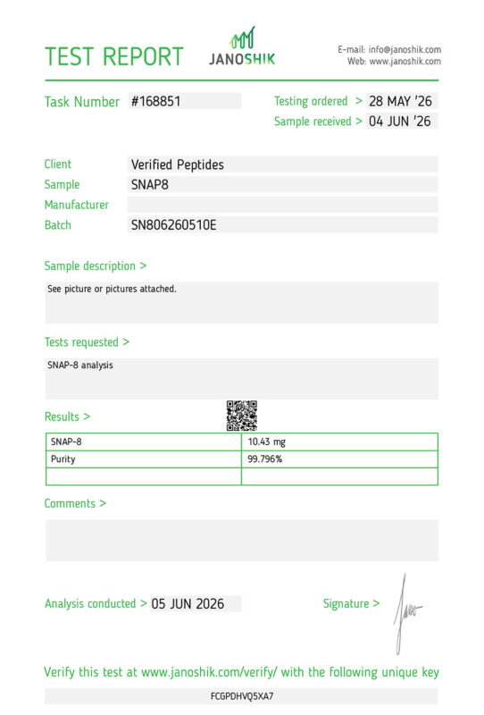 SNAP-8 Peptide Purity Certificate of Analysis Lab Test Report June 2026