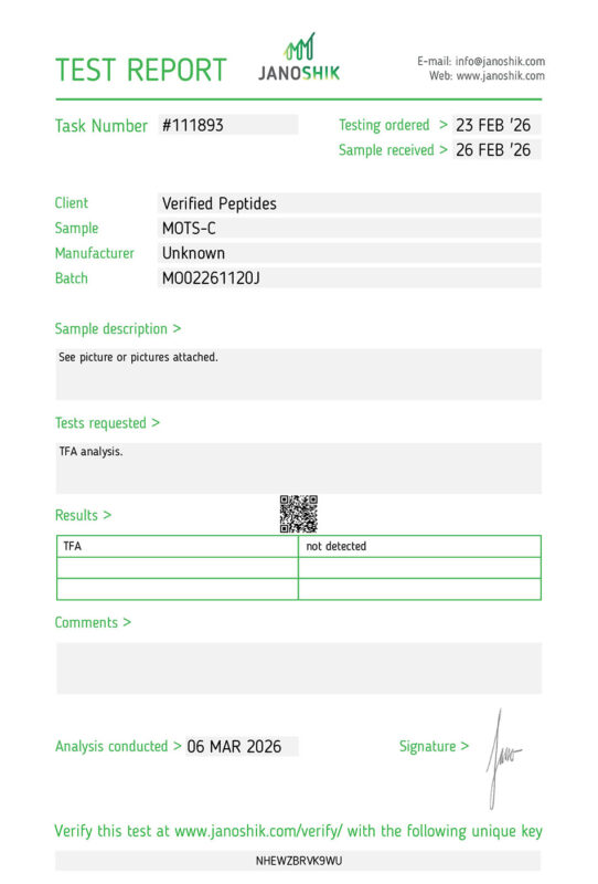 MOTS-C Peptide TFA Certificate of Analysis Lab Test Report March 2026