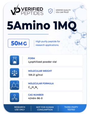 A peptide information sheet for the Verified Peptides 50mg 5-Amino 1MQ peptide.
