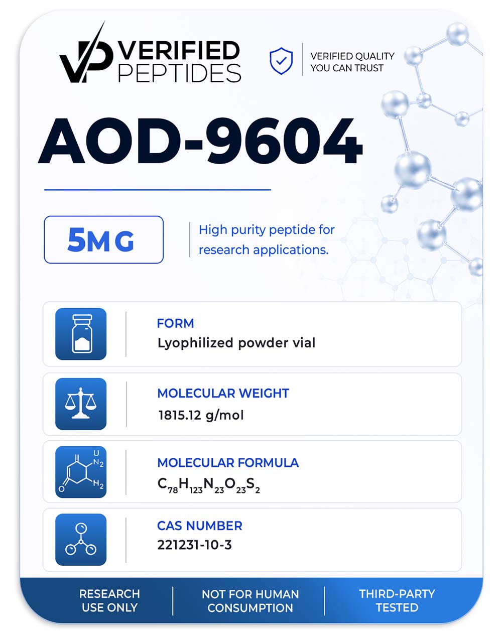 An information sheet for our 5MG AOD-9604 peptide.