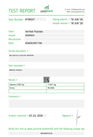 A Lab test report and certificate of analysis done in June 2026 testing for purity of Adamax Peptide