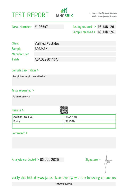 A Lab test report and certificate of analysis done in June 2026 testing for purity of Adamax Peptide