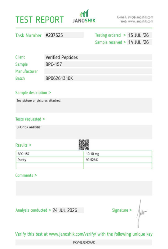 BPC-157 Peptide Purity Certificate of Analysis Lab Test Report July 2026