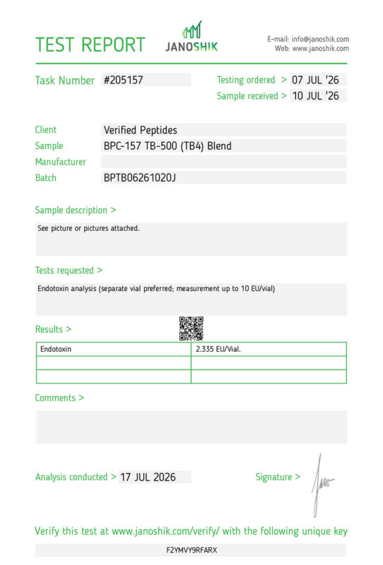 BPC-157 TB-500 Blend Peptide Endotoxin Certificate of Analysis Lab Test Report July 2026