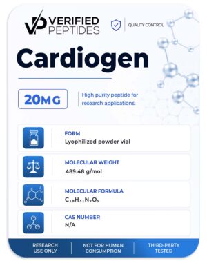 A peptide information sheet for the Verified Peptides 10mg cardiogen peptide.