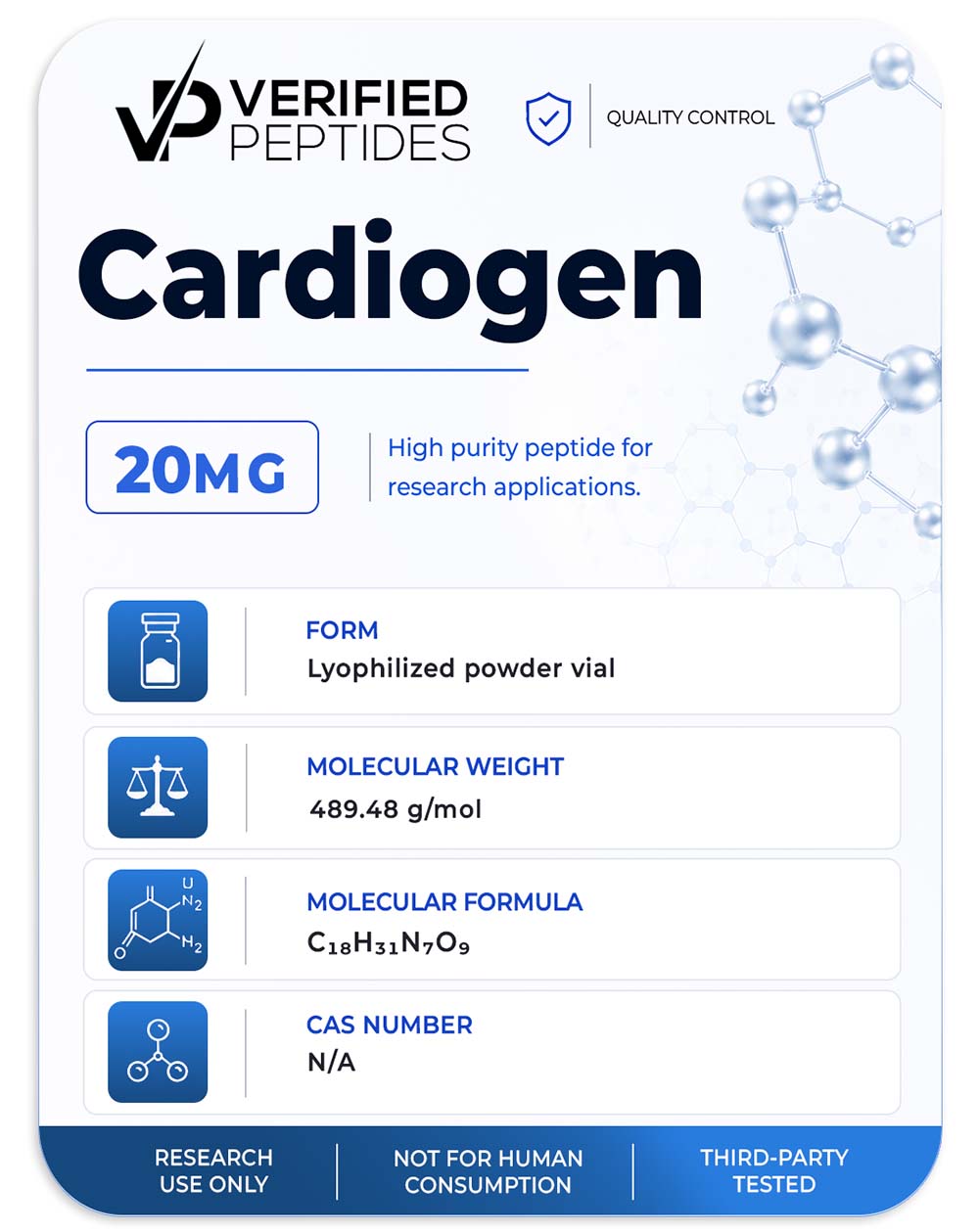 A peptide information sheet for the Verified Peptides 10mg cardiogen peptide.