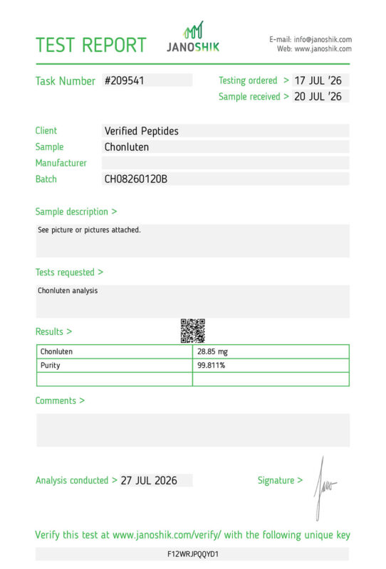 Chonluten Peptide Purity Certificate of Analysis Lab Test Report July 2026