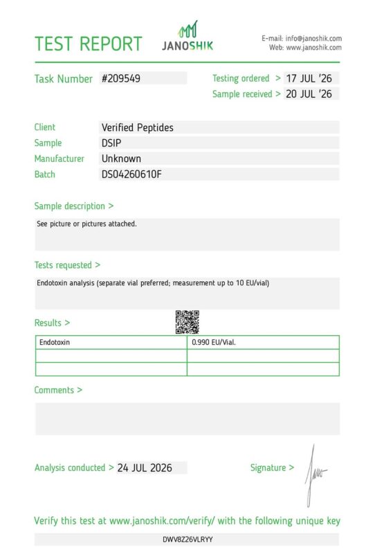 DSIP Peptide Endotoxin Certificate of Analysis Lab Test Report July 2026