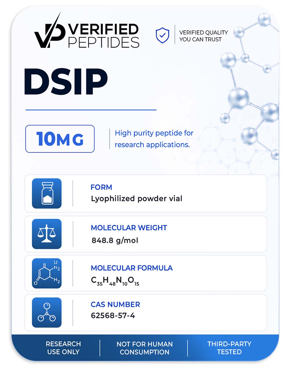 An information sheet for our 10MG DSIP No DAC peptide.