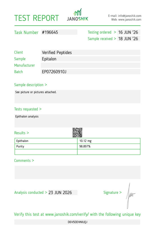 A Lab test report and certificate of analysis done in June 2026 testing for purity of Epitalon Peptide