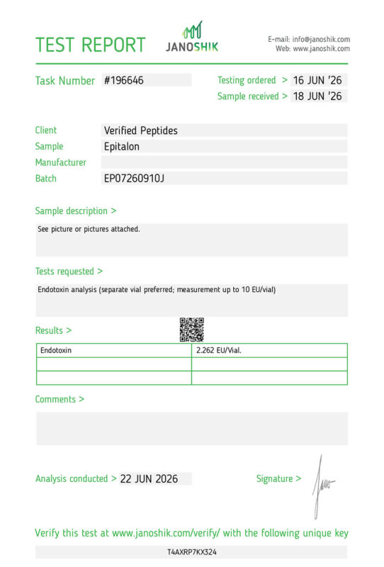 A Lab test report and certificate of analysis done in June 2026 testing for Endotoxin of Epitalon Peptide