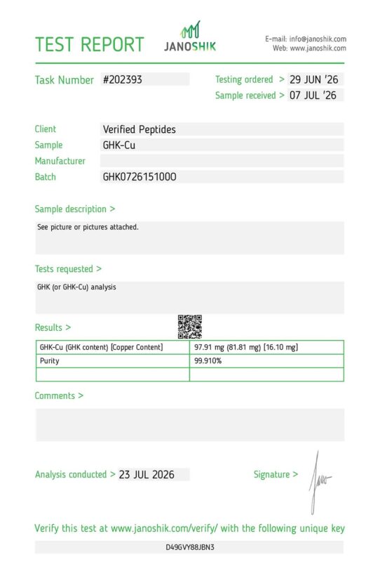 GHK-CU Peptide Purity Certificate of Analysis Lab Test Report July 2026