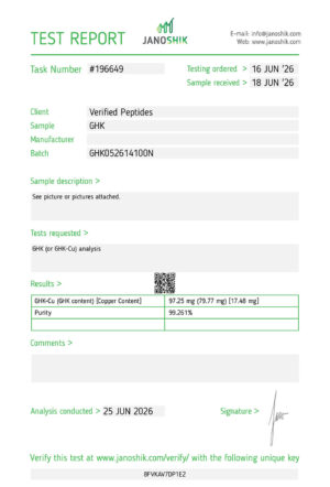 A Lab test report and certificate of analysis done in June 2026 testing for purity of GHK-Cu Peptide