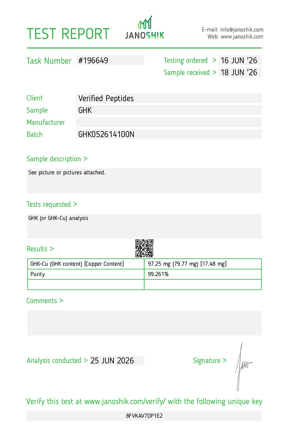 A Lab test report and certificate of analysis done in June 2026 testing for purity of GHK-Cu Peptide