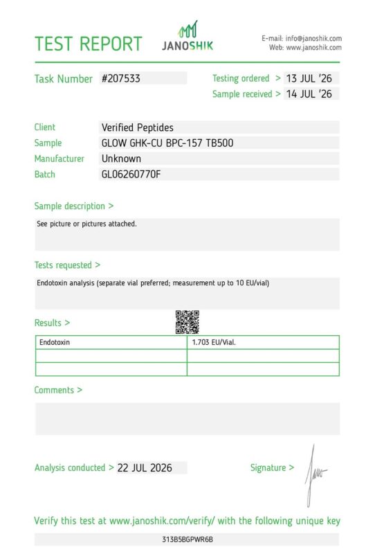 Glow Peptide Blend Endotoxin Certificate of Analysis Lab Test Report July 2026