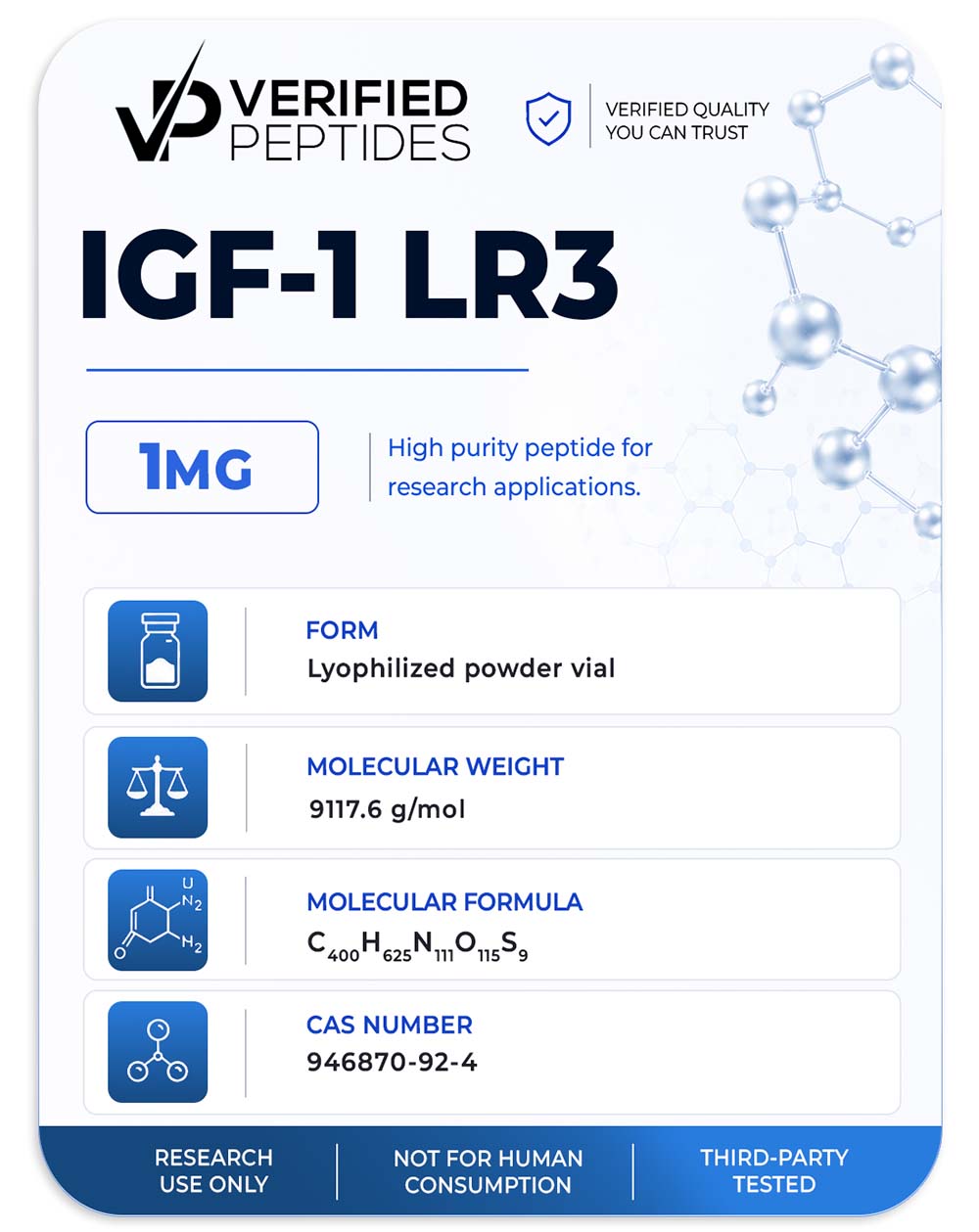 An information sheet for our 1MG IGF-1 LR3 peptide.