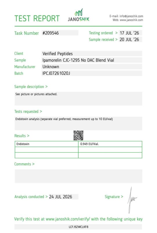 Ipamorelin CJC1295 No DAC Blend Peptide Endotoxin Certificate of Analysis Lab Test Report July 2026