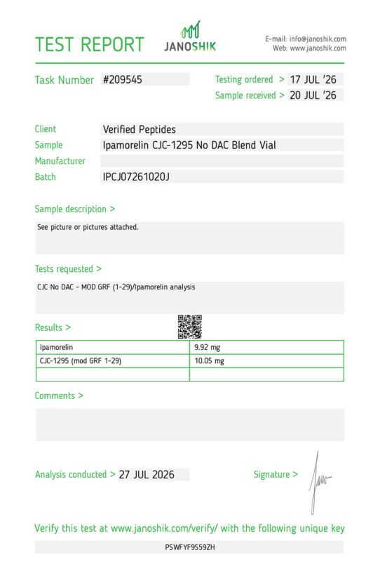 Ipamorelin CJC1295 No DAC Blend Peptide Purity Certificate of Analysis Lab Test Report July 2026