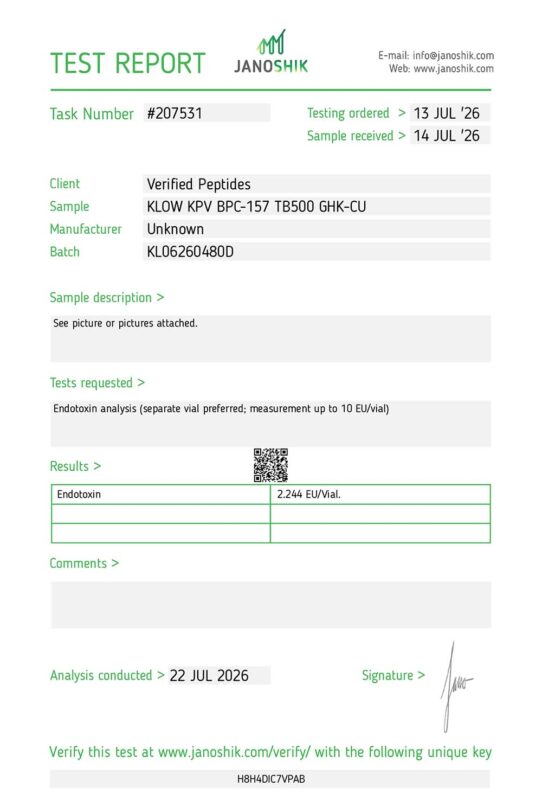 KLOW Peptide Blend Endotoxin Certificate of Analysis Lab Test Report July 2026