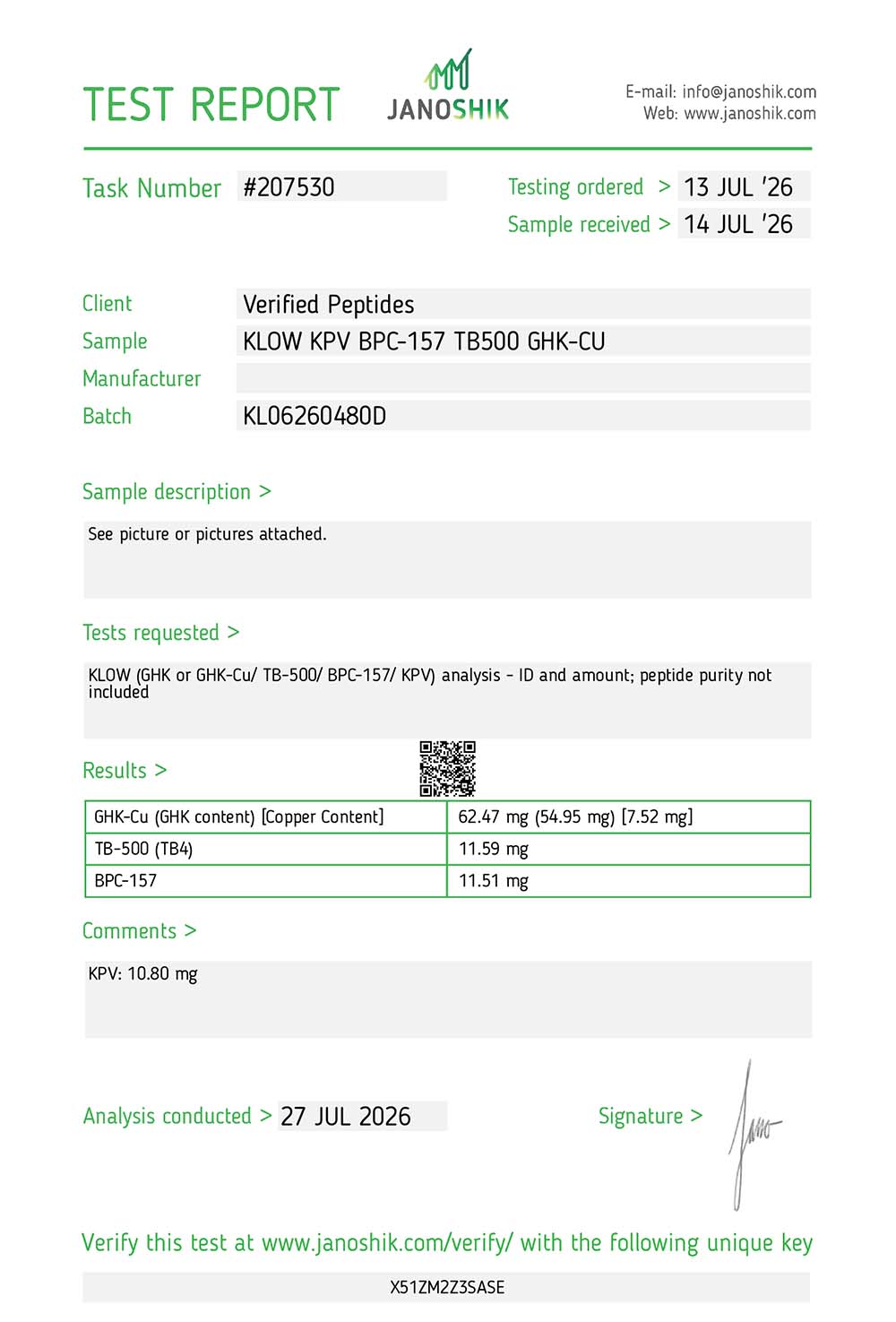KLOW Peptide Blend Purity Certificate of Analysis Lab Test Report July 2026