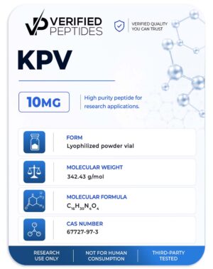 A peptide information sheet for the Verified Peptides 10mg KPV peptide.