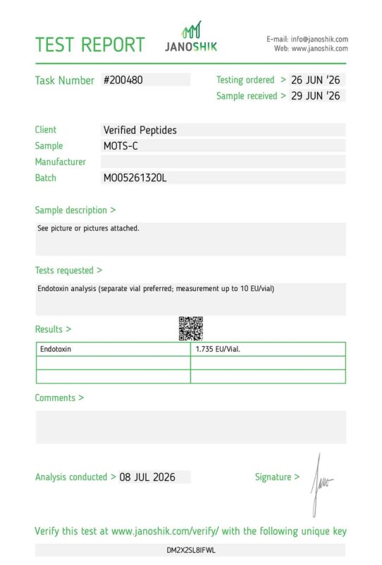 MOTS-C Peptide Endotoxin Certificate of Analysis Lab Test Report July 2026