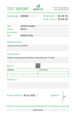 A Lab test report and certificate of analysis done in June 2026 testing for endotoxins for MOTS-C Peptide