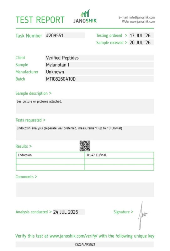 MT I Peptide Endotoxin Certificate of Analysis Lab Test Report July 2026