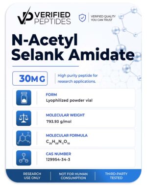 A peptide information sheet for the Verified Peptides 30mg N-Acetyl Selank peptide.