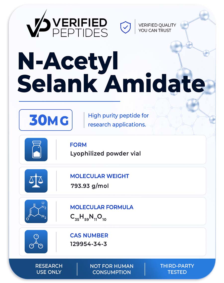 A peptide information sheet for the Verified Peptides 30mg N-Acetyl Selank peptide.