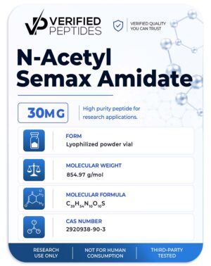 A peptide information sheet for the Verified Peptides 30mg N-Acetyl Semx peptide.
