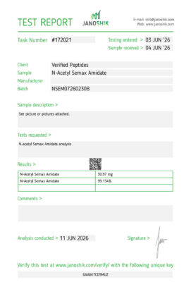 A purity Lab test report and certificate of analysis done in June 2026 for N-Acetyl Semx Peptide