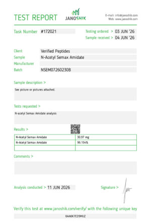 A purity Lab test report and certificate of analysis done in June 2026 for N-Acetyl Semx Peptide