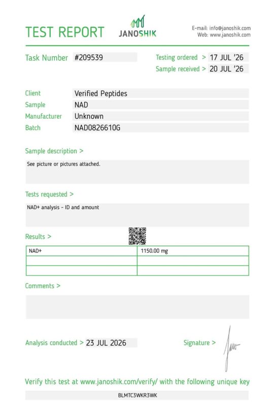 NAD Peptide Weight Certificate of Analysis Lab Test Report July 2026