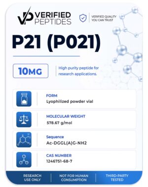 A peptide information sheet for the Verified Peptides 10mg P21 peptide (P021).
