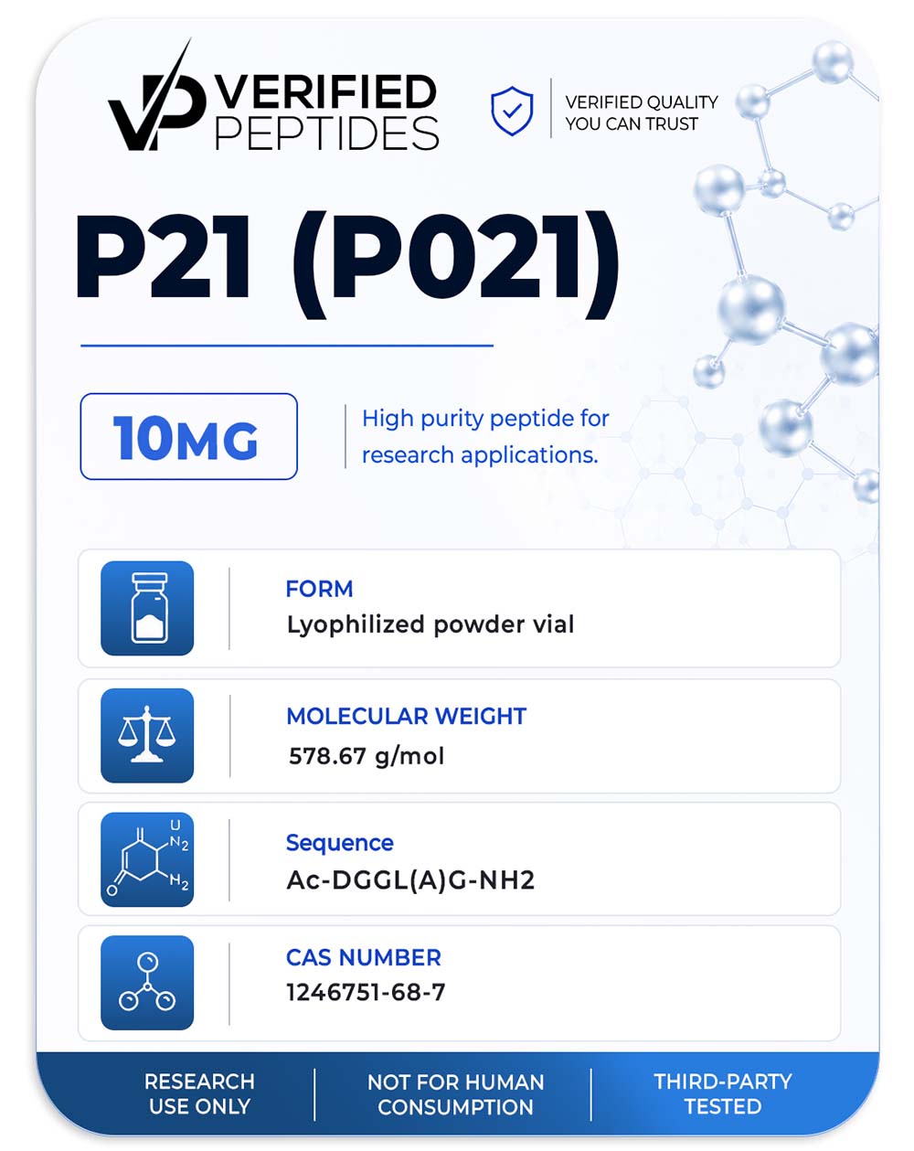 A peptide information sheet for the Verified Peptides 10mg P21 peptide (P021).