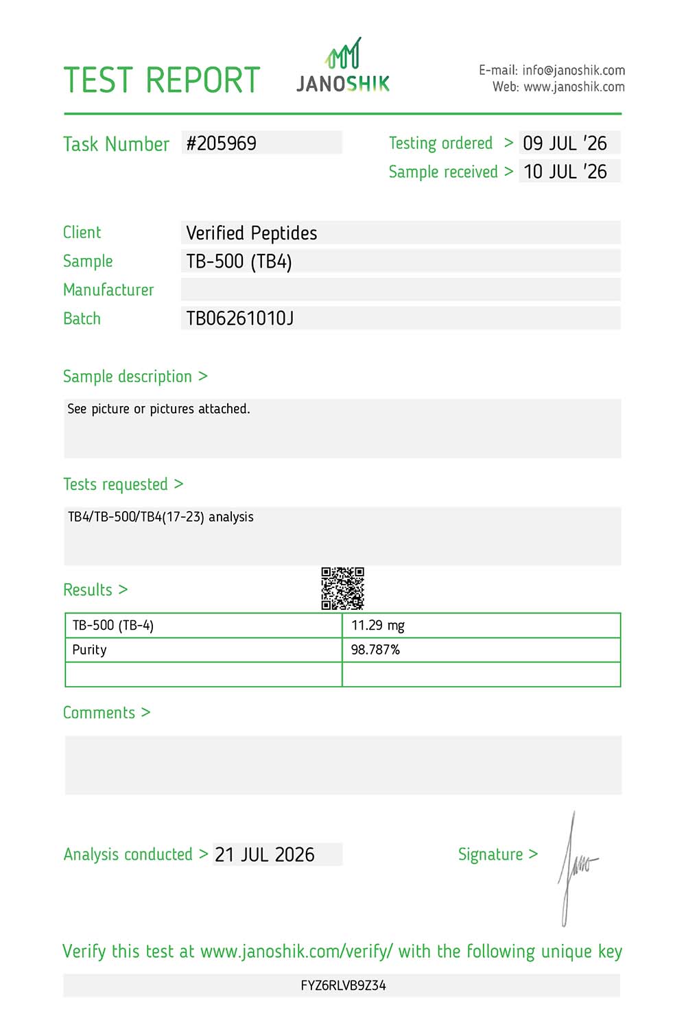 TB-500 Peptide Purity Certificate of Analysis Lab Test Report July 2026