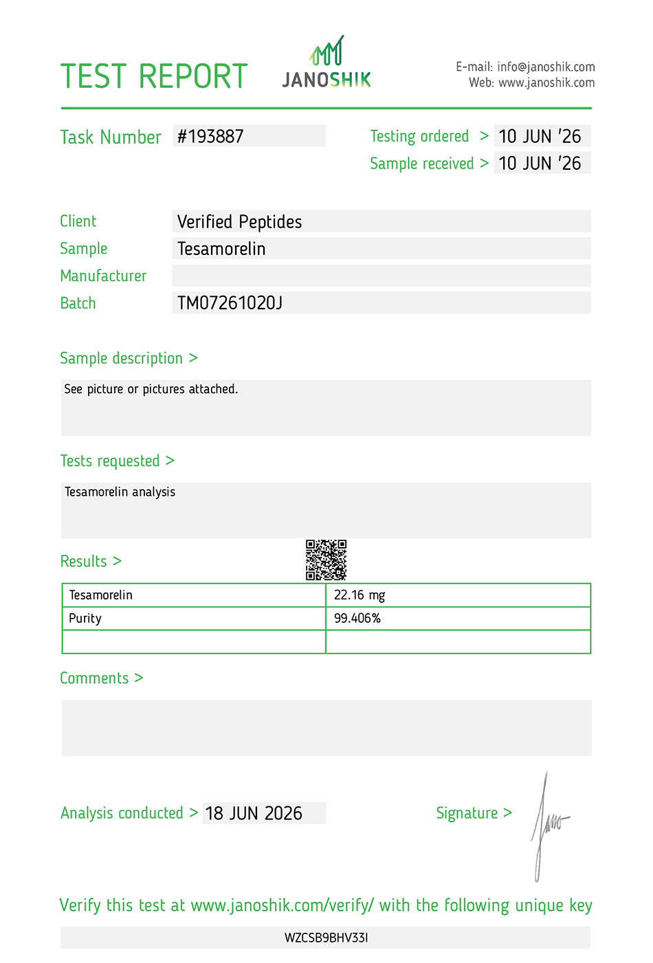 Tesamoreln Peptide Purity Certificate of Analysis Lab Test Report June 2026