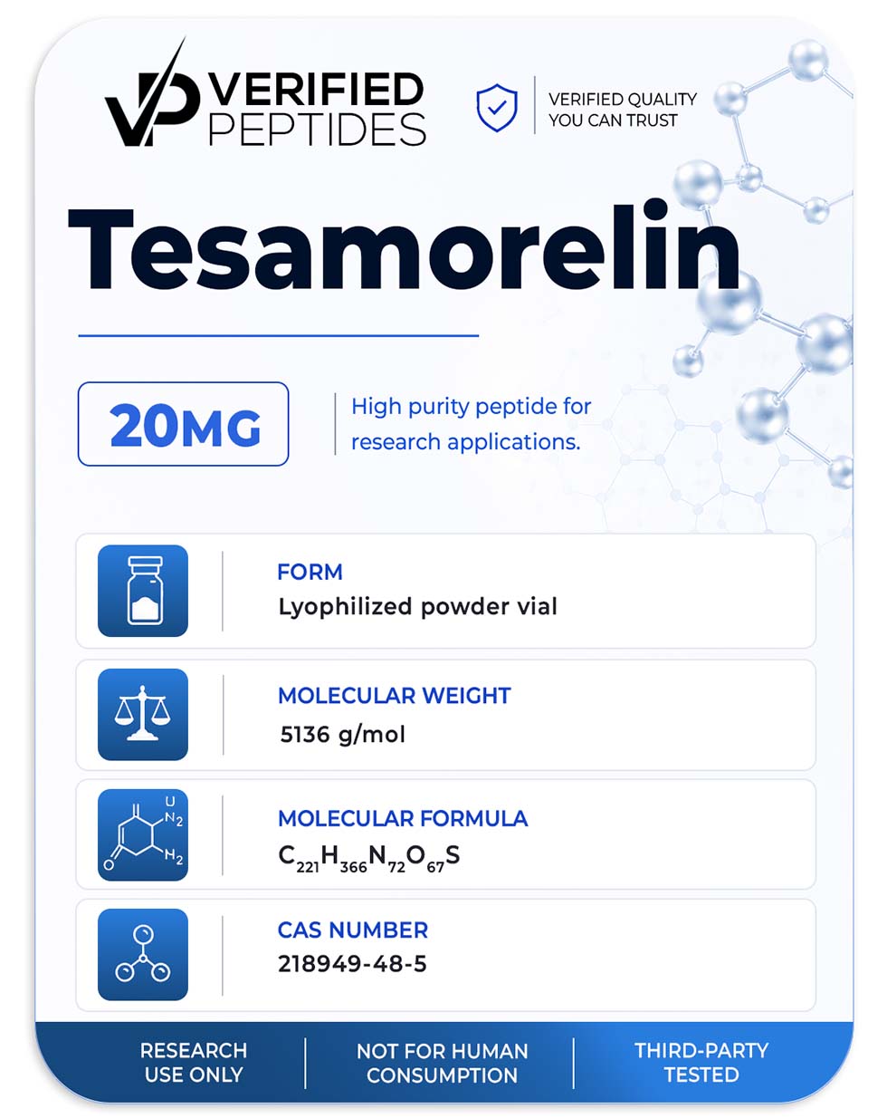 An information sheet for our 20MG Tesamoreln peptide.