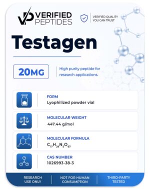 A peptide information sheet for the Verified Peptides 10mg testagen peptide.