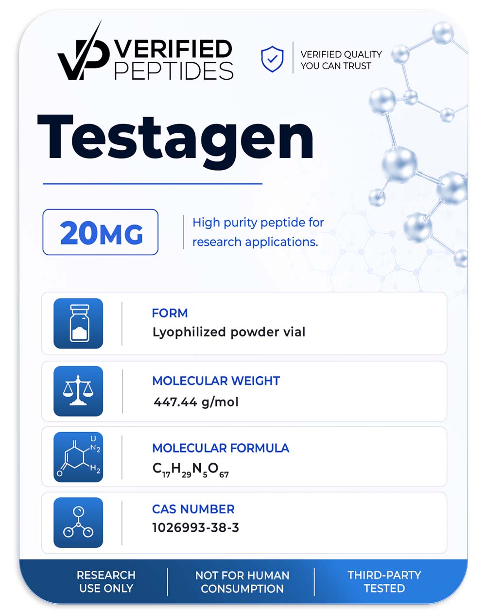 A peptide information sheet for the Verified Peptides 10mg testagen peptide.