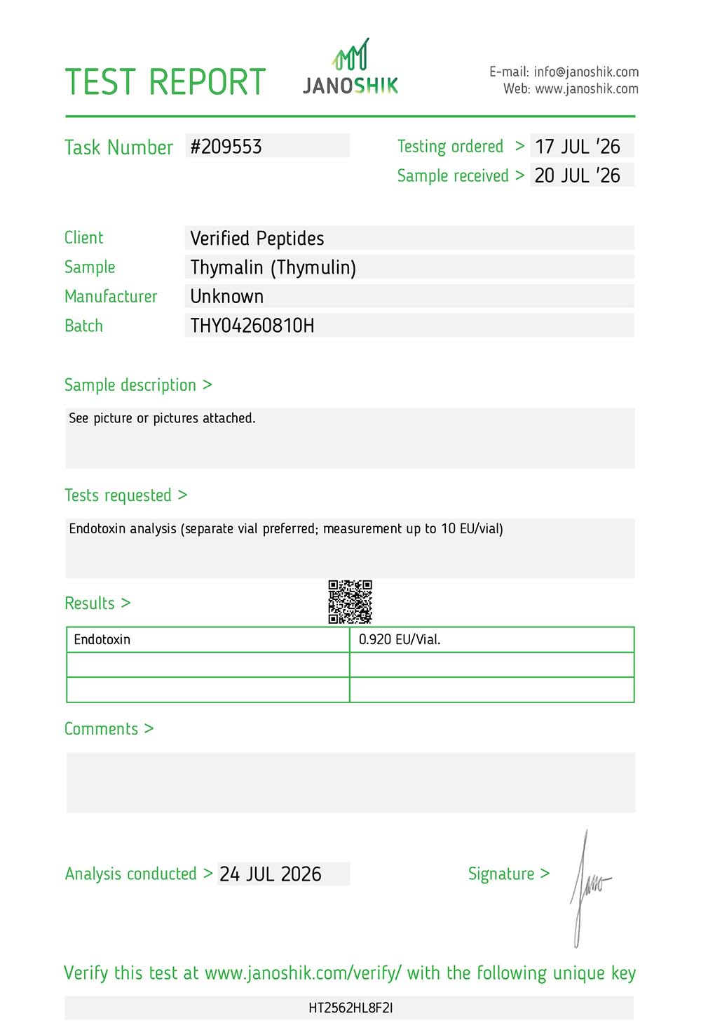 Thymalin Peptide Endotoxin Certificate of Analysis Lab Test Report July 2026