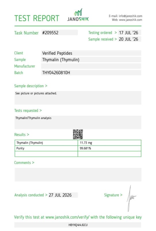 Thymalin Peptide Purity Certificate of Analysis Lab Test Report July 2026