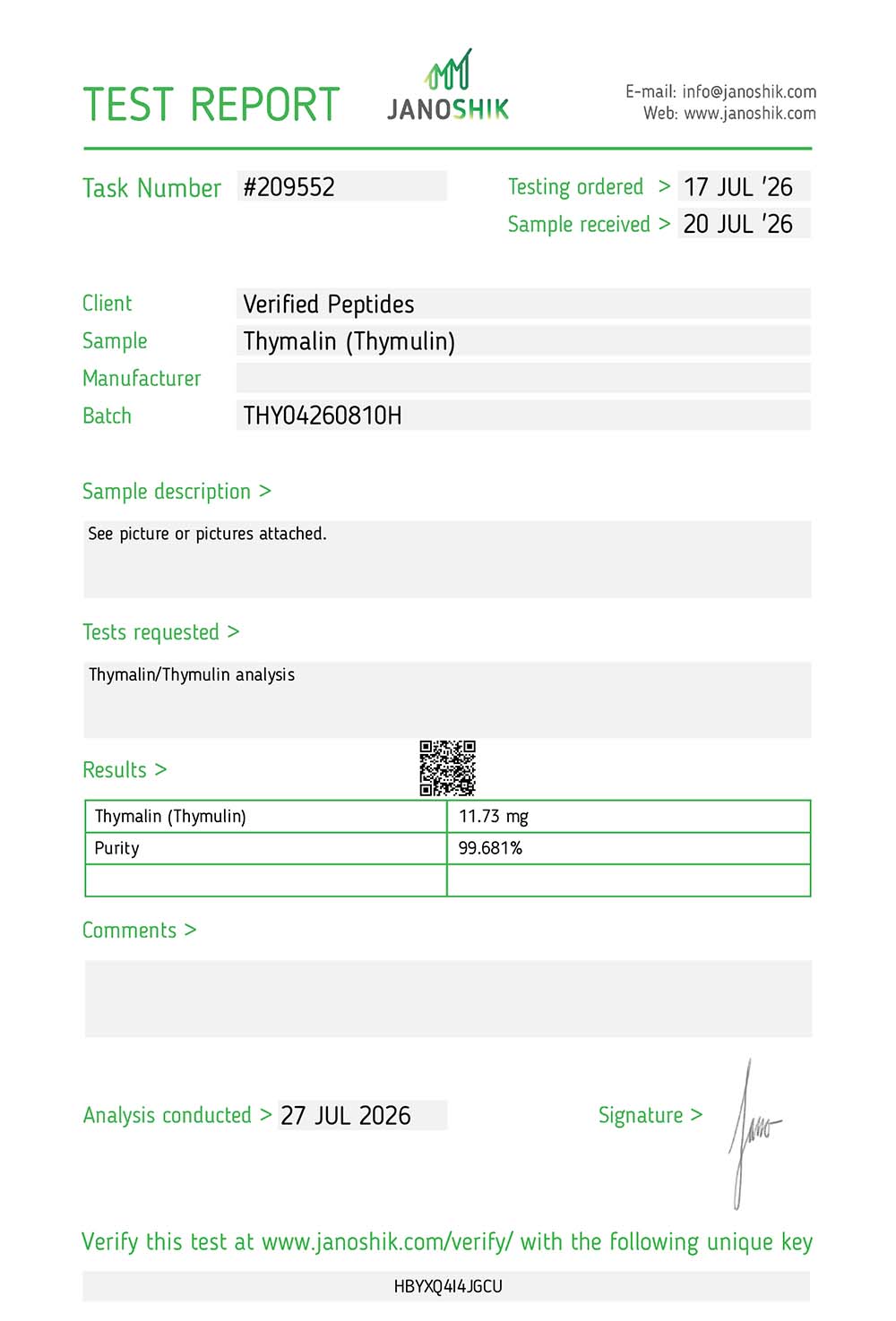 Thymalin Peptide Purity Certificate of Analysis Lab Test Report July 2026