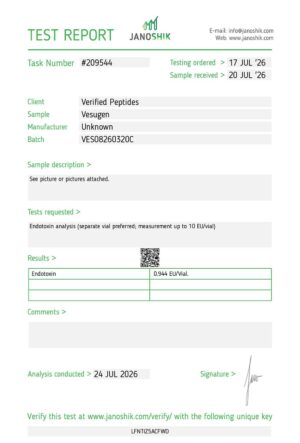 Vesugen Peptide Endotoxin Certificate of Analysis Lab Test Report July 2026