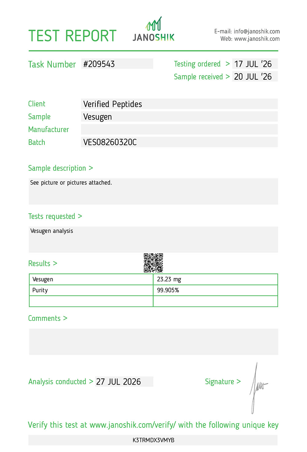 Vesugen Peptide Purity Certificate of Analysis Lab Test Report July 2026