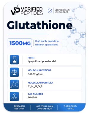A peptide information sheet for the Verified Peptides Glutathione for sale.